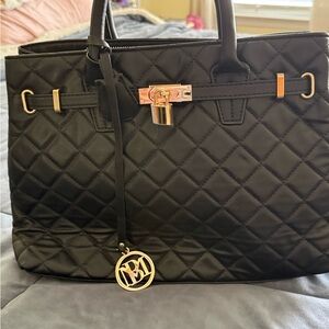 Badgley Mischka Black Quilted Satchel w/ Gold Lock Detail – Elegant & Classic